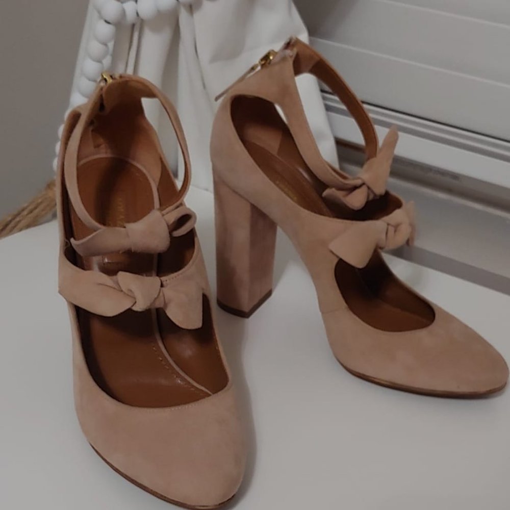 Authentic designer Aquazzura Sandy Pump Block Heel Suede Bows tan beige  7.5